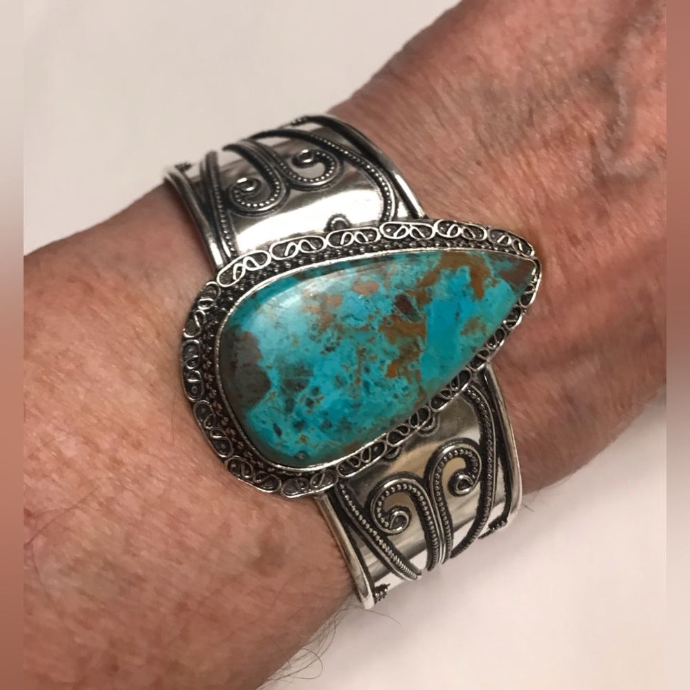 Azulite Stamped Solid 925 Sterling Silver Cuff Bracelet